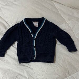 Navy Blue Cable Knit Cardigan with White Trim